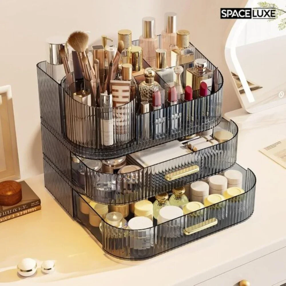 New 3-Layer 360°Rotating Makeup Organizer with Drawers & Brush Holder for Vanity